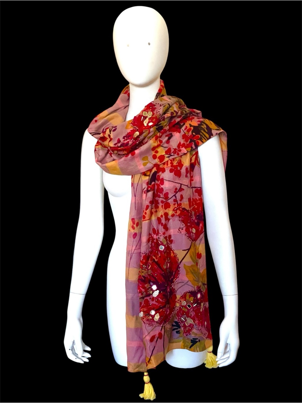 Embellished Floral cashmere feel pashmina w/tassels